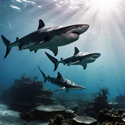 Dark Fantasy Art of  <lora:Kodak Motion Picture Film Style v4:1>
landscape An Oscar winning low angle movie for Best Cinematography a group of hammer sharks swimming in the ocean Kodak Motion Picture Film Style, dark, moody, dark fantasy style
