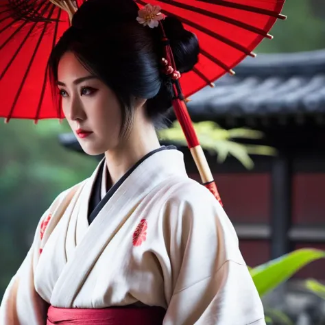 cinematic film still of <lora:Kodak Motion Picture Film Style v4:1>
An Oscar winning movie for Best Cinematography a geisha Japanese woman with a black hair and a red kimono top looking at something Kodak Motion Picture Film Style, shallow depth of field, vignette, highly detailed, high budget, bokeh, cinemascope, moody, epic, gorgeous, film grain, grainy