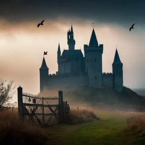 cinematic film still of  <lora:Kodak Motion Picture Film Style v4:1>
An award winning landscape horror movie for Best Cinematography a gothic castle with a big tower and a rusty gate at night in a fogy field with dark sky and birds above Kodak Motion Picture Film Style, shallow depth of field, vignette, highly detailed, high budget, bokeh, cinemascope, moody, epic, gorgeous, film grain, grainy