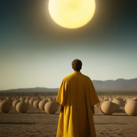 cinematic film still of <lora:Kodak Motion Picture Film:1.2> (Sharp Detailed Image)
An Oscar winning movie for Best Cinematography a person in a yellow robe standing in front of a solar eclipse Kodak Motion Picture Film Style, shallow depth of field, vignette, highly detailed, high budget, bokeh, cinemascope, moody, epic, gorgeous, film grain, grainy