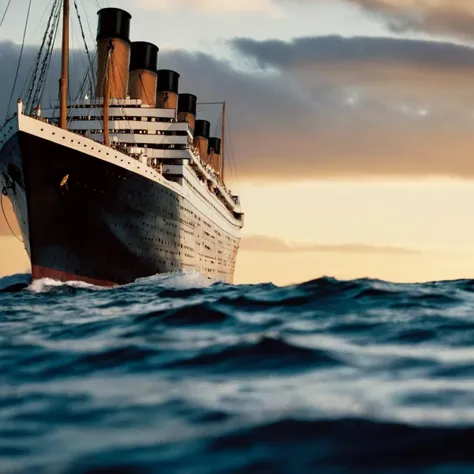 cinematic film still of <lora:Kodak Motion Picture Film Style:1.2>
An Oscar winning movie for Best Cinematography a large Titanic ship sailing in ocean with perfect look Kodak Motion Picture Film Style, shallow depth of field, vignette, highly detailed, high budget, bokeh, cinemascope, moody, epic, gorgeous, film grain, grainy