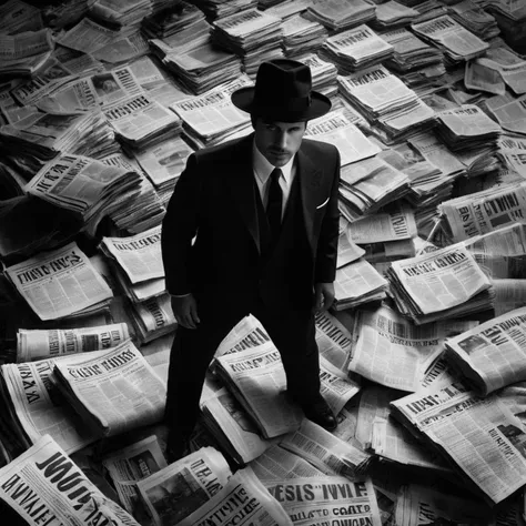 Dark Fantasy Art of <lora:Kodak Motion Picture Film Style:1.2>
An Oscar winning black and white movie for Best Cinematography a high angle shot of a man in a suit and hat standing in a pile of newspapers looking up to the camera Kodak Motion Picture Film Style, dark, moody, dark fantasy style