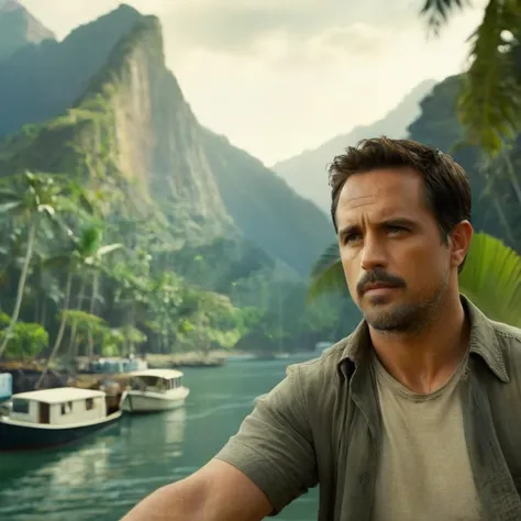 Hyperrealistic art of <lora:Kodak Motion Picture Film Style:1.2>
An Oscar winning movie for Best Cinematography a harbor with boats and mountains and jungle forest in the background Kodak Motion Picture Film Style, Extremely high-resolution details, photographic, realism pushed to extreme, fine texture, incredibly lifelike
