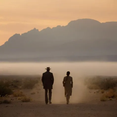 cinematic film still of  <lora:Kodak Motion Picture Film Style:1.5> "Detailed" "Sharp" "Vision 500T"
An Oscar winning movie for Best Cinematography two people walking in the fog with their headlights on in desert with orange background and mountains Kodak Motion Picture Film Style, shallow depth of field, vignette, highly detailed, high budget, bokeh, cinemascope, moody, epic, gorgeous, film grain, grainy