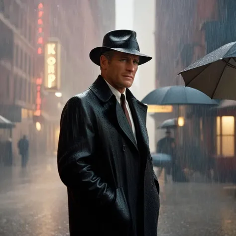 Film noir style Black and white photo of Ryan Gosling wearing a blower hat, leaning his foot against a lamppost in a (dynamic pose) in a 1920s street. (its raining), cinematic photorealistic, 8k uhd natural lighting, raw, rich, intricate details, key visual, atmospheric lighting, 35mm photograph, film, bokeh, professional, 4k, highly detailed, cinematic photorealistic, 8k uhd natural lighting, raw, rich, intricate details, key visual, atmospheric lighting, 35mm photograph, film, bokeh, professional, 4k, highly detailed . Monochrome, high contrast, dramatic shadows, 1940s style, mysterious, cinematic