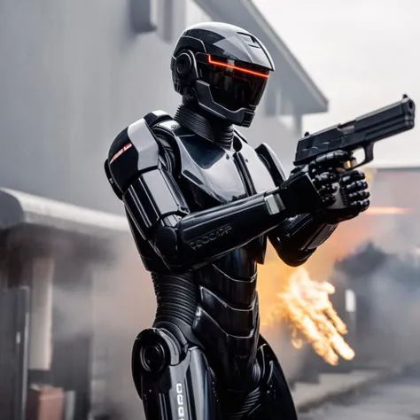 <lora:Kodak Motion Picture Film:1.2> (Sharp Detailed Image)
An Oscar winning movie for Best Cinematography robocop a cyborg man in a black suit aiming a gun pistol Kodak Motion Picture Film Style