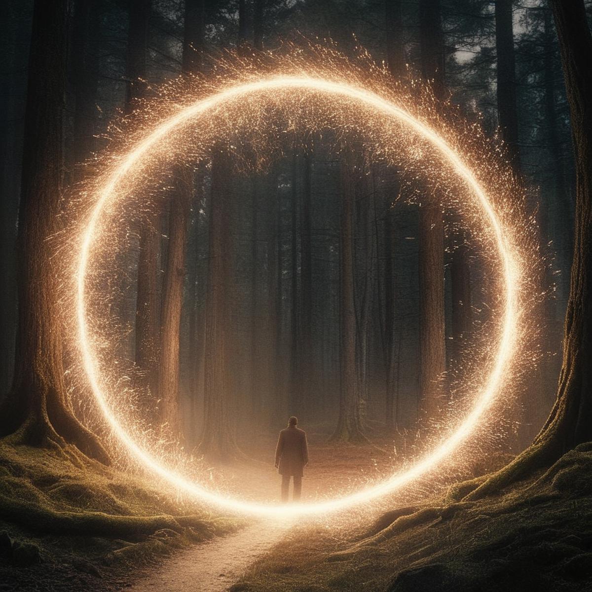 A man standing in the middle of a forest with a glowing circle - SeaArt AI