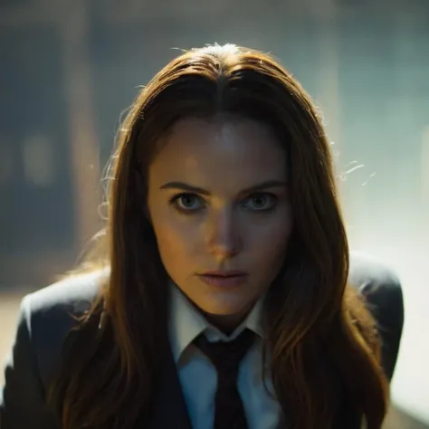 cinematic film still of  Cinematic, Grainy:1, Detailed, Sharp Image, of
 <lora:Kodak Motion Picture Film Style3:1>
Best horror Cinematography a cyborg woman with long hair and a tie staring at someone in the dark with big wide eyes with a spot light on top Kodak Motion Picture Film Style, shallow depth of field, vignette, highly detailed, high budget, bokeh, cinemascope, moody, epic, gorgeous, film grain, grainy