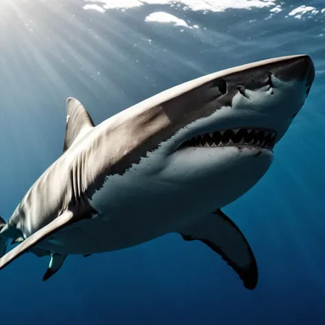 cinematic film still of <lora:Kodak Motion Picture Film Style:1.2> Kodak Motion Picture Film Style
Cinematic, Filmic, a shark swimming underwater in ocean with god ray light above , shallow depth of field, vignette, highly detailed, high budget, bokeh, cinemascope, moody, epic, gorgeous, film grain, grainy