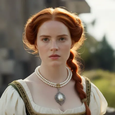 <lora:Kodak Motion Picture Film:1.2> (Sharp Detailed Image)
An Oscar winning movie for Best Cinematography a woman with a red hair and a pearl necklace and a middle ages costume is staring at camera Kodak Motion Picture Film Style
