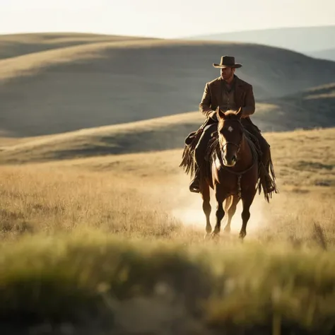cinematic film still of  <lora:Kodak Motion Picture Film Style:1>
An Oscar winning wild west movie for Best Cinematography a cowboy man riding a horse on top of a grass covered hillside at noon with sun in background Kodak Motion Picture Film Style, shallow depth of field, vignette, highly detailed, high budget, bokeh, cinemascope, moody, epic, gorgeous, film grain, grainy