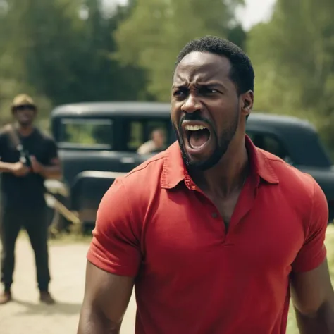 cinematic film still of <lora:Kodak Motion Picture Film Style:1.2> redcode raw, ARRIRAW,
Best Anamorphic-lens Cinematography a black man with a red shirt is screaming with open mouth in front of camera outdoors with angry look on his face and perfect teeth and cinematic light Anamorphic format Kodak Motion Picture Film Style, shallow depth of field, vignette, highly detailed, high budget, bokeh, cinemascope, moody, epic, gorgeous, film grain, grainy