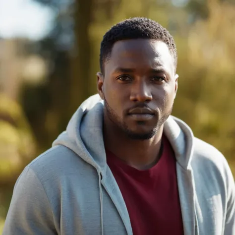 cinematic film still of  <lora:Kodak Motion Picture Film Style:1.2> redcode raw, ARRIRAW, 
Best Anamorphic-lens Cinematography a closeup of a black man in a hoodie looking at the camera in day light with lens flare on Anamorphic format Kodak Motion Picture Film Style, shallow depth of field, vignette, highly detailed, high budget, bokeh, cinemascope, moody, epic, gorgeous, film grain, grainy