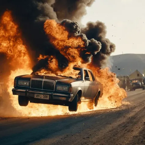 cinematic film still of <lora:Kodak Motion Picture Film Style:1.2>
An Oscar winning movie for Best Cinematography an epic explosion of a car is on fire and is in the air with flying debris and smoke everywhere Kodak Motion Picture Film Style, shallow depth of field, vignette, highly detailed, high budget, bokeh, cinemascope, moody, epic, gorgeous, film grain, grainy