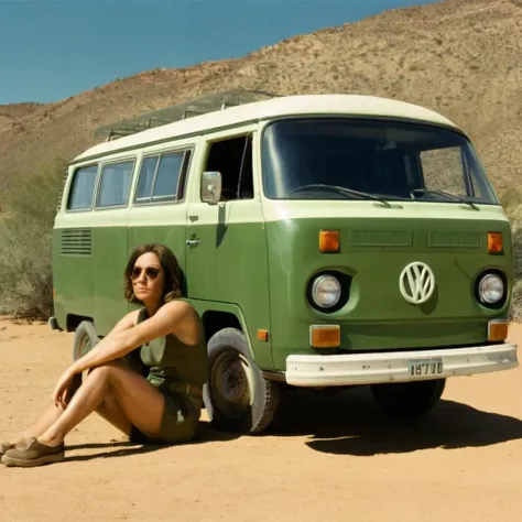 Hyperrealistic art of  <lora:Kodak Motion Picture Film Style3:1.2> Cinematic, Grainy:1, Detailed, Sharp Image, of
1970's Best Cinematography a woman sitting on the top of a green olive van in desert area with perfect warm sunlight on Kodak Motion Picture Film Style, Extremely high-resolution details, photographic, realism pushed to extreme, fine texture, incredibly lifelike