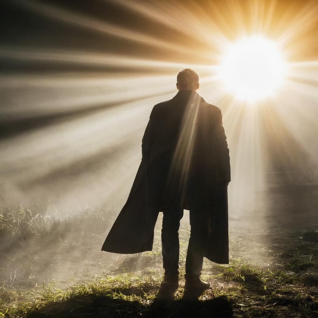 A man standing in the fog with a sun shining behind him - SeaArt AI