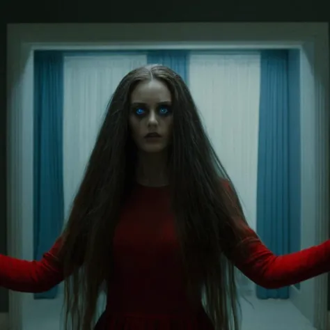 Dark Fantasy Art of <lora:Kodak Motion Picture Film Style:1.2> redcode raw, ARRIRAW,
Best Anamorphic-lens Horror Cinematography 50mm lens f5.6 a possessed woman with a very long flying hair in a room with olive contrast color staring at camera with possessed blue blind eyes Anamorphic format Kodak Motion Picture Film Style, dark, moody, dark fantasy style