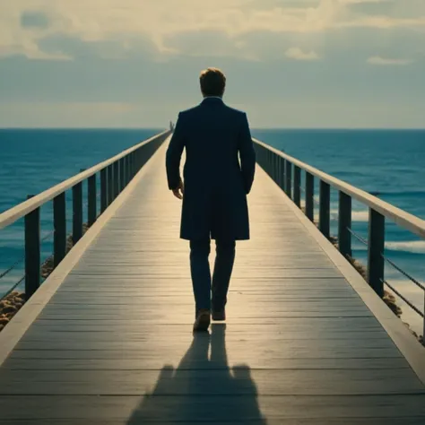cinematic film still of <lora:Kodak Motion Picture Film:1.2> (Sharp Detailed Image)
An Oscar winning surrealism movie for Best Cinematography a man walking a long bridge through a tunnel with a bright light coming out of it with deep blue see ocean in background Kodak Motion Picture Film Style, shallow depth of field, vignette, highly detailed, high budget, bokeh, cinemascope, moody, epic, gorgeous, film grain, grainy
