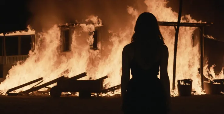 cinematic film still of  <lora:Kodak Motion Picture Film Style3:1> Cinematic, Grainy:1, Detailed, Sharp Image, of
An Oscar winning horror movie for Best Cinematography a silhouette girl standing in front of a fire burning building at night Kodak Motion Picture Film Style, shallow depth of field, vignette, highly detailed, high budget, bokeh, cinemascope, moody, epic, gorgeous, film grain, grainy