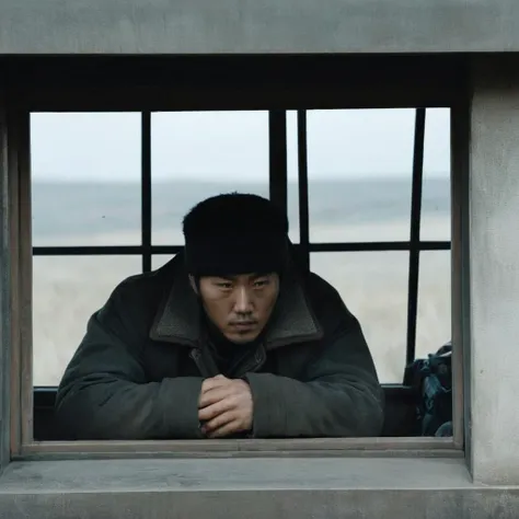Dystopian style, <lora:Kodak Motion Picture Film Style3:1> Cinematic, Grainy:1, Detailed, Sharp Image, of
winning movie for Best Cinematography a Korean man staring out a window looking at something in fear Kodak Motion Picture Film Style, Bleak, post-apocalyptic, somber, dramatic, highly detailed