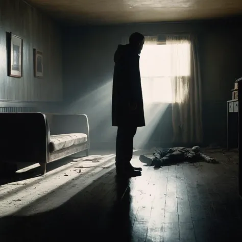 Dystopian style, <lora:Kodak Motion Picture Film Style3:1> Cinematic, Grainy:1, Detailed, Sharp Image, of
A medium shot of An award winning 2000's horror movie for Best Film Grain Cinematography a perfect "ghost" partially covered by shadows sitting on a floor in a dark room with window daylight on from left side kicking in with moody hazy Volumetric Light on Kodak Motion Picture Film Style, Bleak, post-apocalyptic, somber, dramatic, highly detailed