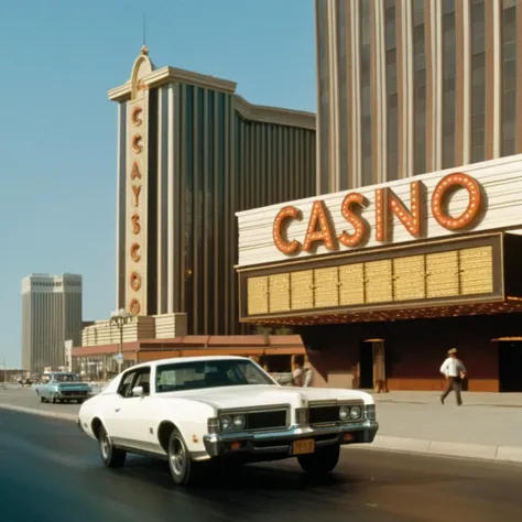 <lora:Kodak Motion Picture Film:1.2>  (Sharp Detailed Image)
1970's An Oscar winning movie for Best Cinematography a car driving down a street next to a tall casino building Kodak Motion Picture Film Style