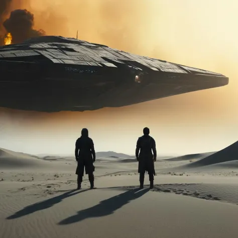 concept art of Cinematic, Grainy:1, Detailed, Sharp Image, of
<lora:Kodak Motion Picture Film Style3:1>
Best Anamorphic-lens Cinematography 28mm lens f5.6 two silhouette people standing in the dark dune desert at dawn with alien space ship attack in sky with smoke and fire on the ground Anamorphic format Kodak Motion Picture Film Style, digital artwork, illustrative, painterly, matte painting, highly detailed