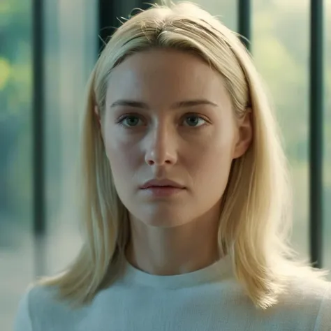 Hyperrealistic art of <lora:Kodak Motion Picture Film Style:1.2>
An Oscar winning movie for Best Cinematography a blonde android woman with a small on/off button on her forehead posing indoor behind a bright blur window Kodak Motion Picture Film Style, Extremely high-resolution details, photographic, realism pushed to extreme, fine texture, incredibly lifelike