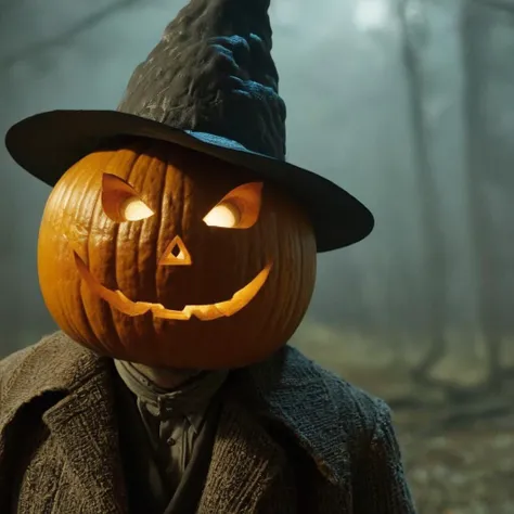Horror-themed,  Cinematic, Grainy:1, Detailed, Sharp Image, of
 <lora:Kodak Motion Picture Film Style3:1>
Best horror Cinematography a scary pumpkin creature with a hat on it and monster's teeth staring at camera Kubrick Stare with shiny background behind Kodak Motion Picture Film Style, Eerie, unsettling, dark, spooky, suspenseful, grim, highly detailed