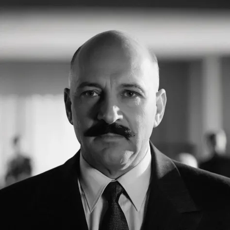 cinematic film still of <lora:Kodak Motion Picture Film Style3:1> Cinematic, Grainy:1, Detailed, Sharp Image, of
50mm lens 1940's medium shot of An winning black and white grainy horror film noir for Best Cinematography a bald sad looking man in a suit and tie standing in a room with a silver mustache and a tearful look on his face partially face covered by shadows while staring at camera Kodak Motion Picture Film Style, shallow depth of field, vignette, highly detailed, high budget, bokeh, cinemascope, moody, epic, gorgeous, film grain, grainy