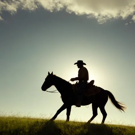 cinematic film still of <lora:Kodak Motion Picture Film Style v4:1>
An landscape winning wild west for Best Cinematography a silhouette cowboy man riding a horse on top of a grass covered hillside at noon with sun in background Kodak Motion Picture Film Style, shallow depth of field, vignette, highly detailed, high budget, bokeh, cinemascope, moody, epic, gorgeous, film grain, grainy