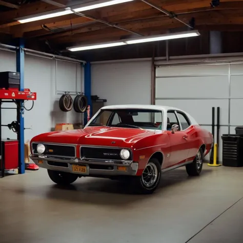 cinematic film still of <lora:Kodak Motion Picture Film Style v4:1>
1970's Best Cinematic Picture of a red and white car parked in a garage Kodak Motion Picture Film Style, shallow depth of field, vignette, highly detailed, high budget, bokeh, cinemascope, moody, epic, gorgeous, film grain, grainy