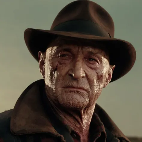 Dystopian style, <lora:Kodak Motion Picture Film Style3:1> Cinematic, Grainy:1, Detailed, Sharp Image, of
An Oscar winning for Best Cinematography a closeup of freddy krueger a man with a hat and a jacket staring at someone Kodak Motion Picture Film Style, Bleak, post-apocalyptic, somber, dramatic, highly detailed