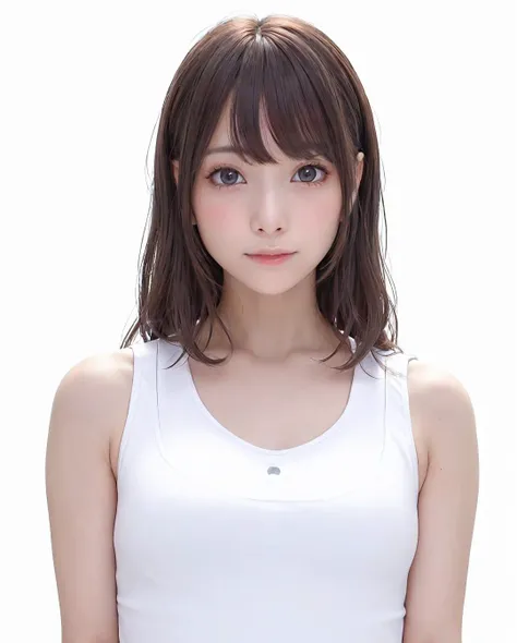 best quality, photorealistic, 8k, high res, 1girl, woman, (skindentation), (portrait:0.6), gorgeous, ((whitebackground, sport tanktop, small breast:1.65)), (long brown hair, parted bangs:1.4), looking at viewer, (1girl eyes looking at viewer:1.6), photorealistic, (bokeh), (closed mouth, smile:1.3), gorgeous, pureerosface_v1:1, <lora:grav-sakimi:0.45>