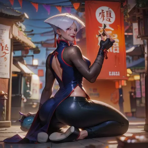 score_9,score_8_up,score_7_up,score_6_up, source_cartoon,
woman, aki,white hair,red eyes,red lips,earrings,black chinese clothes,see-through long sleeves,pants,fingernail gloves, looking at viewer, serious, smiling, kneeling, on ground, holding small bag, market, street, night time, dark,
<lora:AKI:.7> <lora:Anime Summer Days 2 Style SDXL_LoRA_Pony Diffusion V6 XL:.9>