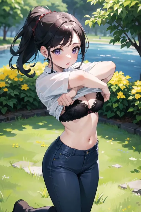 masterpiece, best quality, cowboy shot, view from above, 1girl, black hair, short hair, high ponytail, medium breasts, 
<lora:Concept_Undressing:0.9>, undressing, shirt_lift, white shirt, red bra, blue jeans kneeling grass, behind bushes,
<lora:tareme:0.75>, tareme, purple eyes, blush, :O, looking at viewer, 
in the park