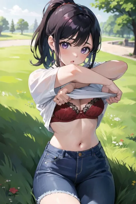 masterpiece, best quality, cowboy shot, view from above, 1girl, black hair, short hair, high ponytail, medium breasts, 
<lora:Concept_Undressing:0.85>, undressing, shirt_lift, white shirt, ((red bra)), blue jeans, sitting on grass, behind bushes,
<lora:tareme:0.75>, tareme, purple eyes, blush, :O, looking at viewer, 
in the park