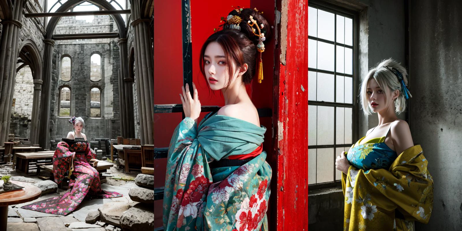 highly insanely detailed, masterpiece, top quality, best quality, highres, 4k, 8k, RAW photo, (very aesthetic, beautiful and aesthetic), 1girl, <lora:oiran_V1.0:0.5>, oiran, hair ornament, japanese clothes, floral print, off shoulder, geta,
long-shot ruins, building, window frame, cracked window, wall corner, upturned, abandoned, metal, industrial, fence, moody, cracked mud, urban, canalside,
upper body,
__lazy-wildcards/char/haircolor__,
__lazy-wildcards/dataset/background__,
__lazy-wildcards/prompts/pose__,
âââ