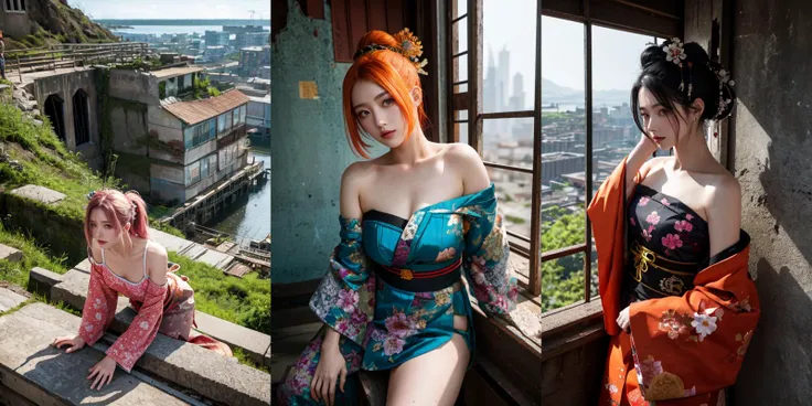 highly insanely detailed, masterpiece, top quality, best quality, highres, 4k, 8k, RAW photo, (very aesthetic, beautiful and aesthetic), 1girl, <lora:oiran_V1.0:0.3>, oiran, hair ornament, japanese clothes, floral print, off shoulder, geta,
long-shot ruins, building, window frame, cracked window, wall corner, upturned, abandoned, metal, industrial, fence, moody, cracked mud, urban, canalside,
upper body,
__lazy-wildcards/char/haircolor__,
__lazy-wildcards/dataset/background__,
__lazy-wildcards/prompts/pose__,
âââ