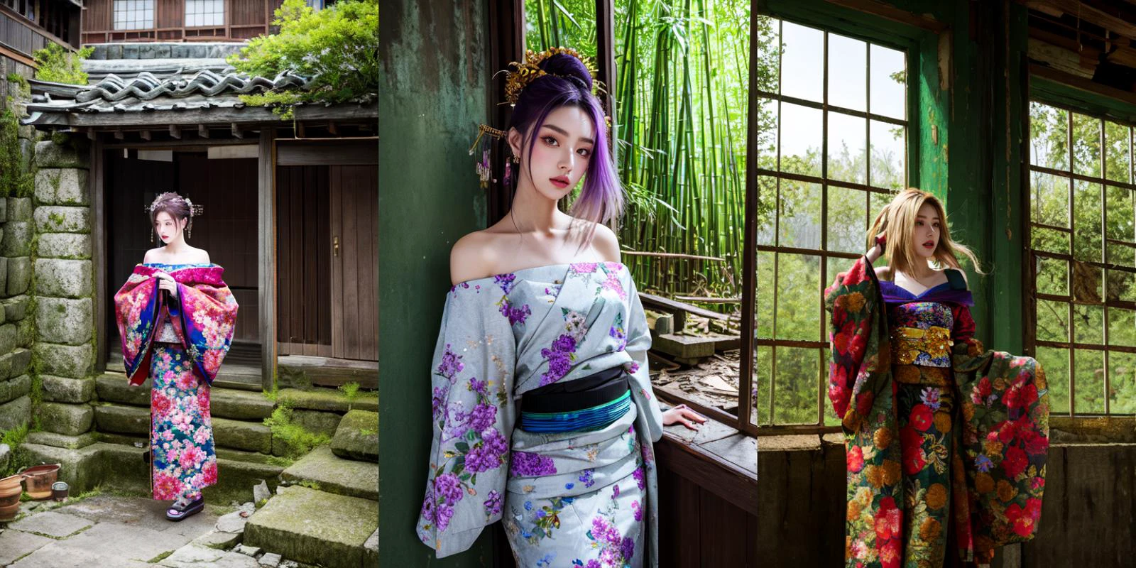 highly insanely detailed, masterpiece, top quality, best quality, highres, 4k, 8k, RAW photo, (very aesthetic, beautiful and aesthetic), 1girl, <lora:oiran_V1.0:0.7>, oiran, hair ornament, japanese clothes, floral print, off shoulder, geta,
long-shot ruins, building, window frame, cracked window, wall corner, upturned, abandoned, metal, industrial, fence, moody, cracked mud, urban, canalside,
upper body,
__lazy-wildcards/char/haircolor__,
__lazy-wildcards/dataset/background__,
__lazy-wildcards/prompts/pose__,
âââ