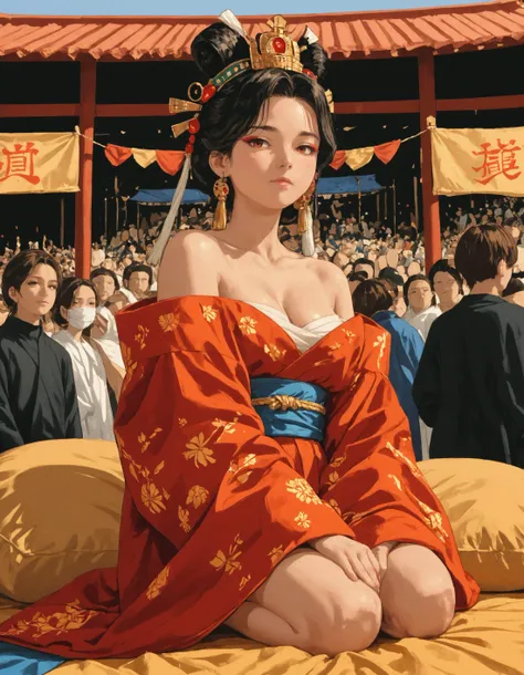 score_9, score_8_up, score_7_up, score_6_up, score_5_up, source_anime, 1girl, cleavage, <lora:oiran_Pony_V1.0:1> oiran, hair ornament, red japanese clothes, off shoulder, kneeling on pillow, parade, crowded, <lora:Cartoon_Realism:.65> <lora:stormStyle:.65>