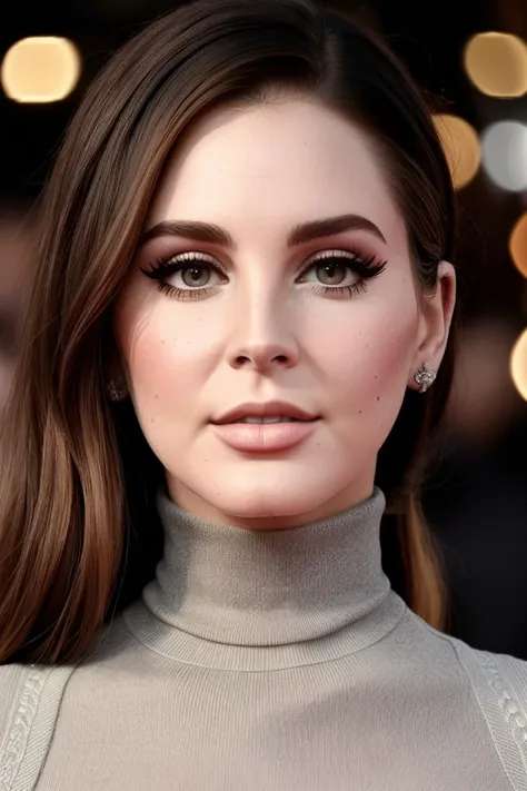 a photo of (l4n4d3lr3y:0.99), a woman (wearing a turtleneck jumper), on a premiere movie event, standing on the red carpet, (focus on face:1.2), (masterpiece:1.2), (photorealistic:1.2), (bokeh), (best quality), (detailed skin:1.2), (intricate details), (8k), (HDR), (cinematic lighting), (sharp focus), (close-up:1.4)