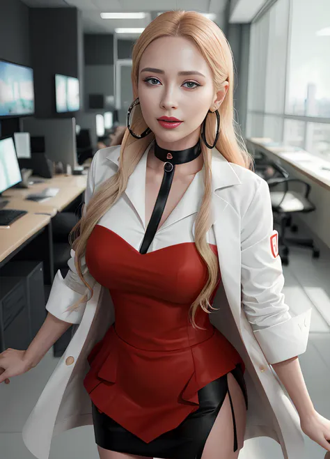 Practical, high resolution, Soft Light,1 female, Solitary, Waist high rise, (Delicate face),(Female students),Colorful hair、shortcut,wear,Long hair、(Ponytail)、((miniskirt))(hyperPractical), (high resolution), (8k), (Extremely detailed), (Best Illustration), (Beautiful and delicate eyes), (best quality), (Ultra Detailed), (masterpiece), (wallpaper), (Delicate face), Solitary, (Dynamic poses), 1 girl, white curly hair, European , Heterochromic Eyes, ((apron)), Large Breasts, Long legs, Tighten your abdominal muscles, (camel toe), (black), (thick lips), (Red suit, shirt, Red Jacket, Red tight skirt, black连裤袜), Standing proudly in front of the blackboard, classroom, Professional lighting