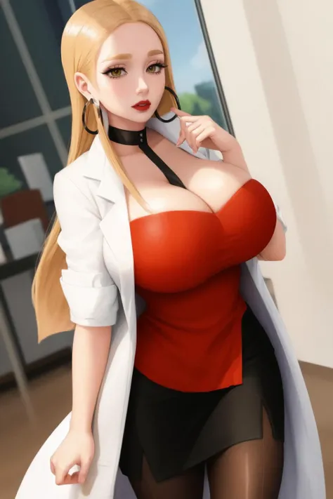 oleana_\(pokemon\), red shirt, huge_breasts, cleavage, (between_breasts), black skirt, pantyhose, white coat, makeup, lipstick, pencil skirt, choker, hoop earrings, solo, 1girl, corporate office,
<lora:OleanaLora-10:0.7>