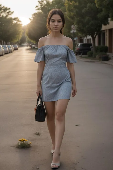 1girl, (full shot:1.1), (full body:1.2), hdr, 8k, masterpiece, best quality, dynamic pose, golden hour lighting, (playful smirk:0.6), <lora:Noerman_Indigenous_Mix:0.8> <lora:epiCRealismHelper:0.3>, (simple flower pattern:1.45) strapless short SilverGray summer dress with off shoulder straps, (small town street background:1.2), skin texture, skin blemishes, <lora:skin_slider_v10:0.3> <lora:backlight_last:0.85> <lora:sd1.5_perfect feet:0.6> wearing high heels, holding flower, detailed skin texture, (blush:0.5), (goosebumps:0.5), subsurface scattering, dry skin, fuzzy skin, natural light