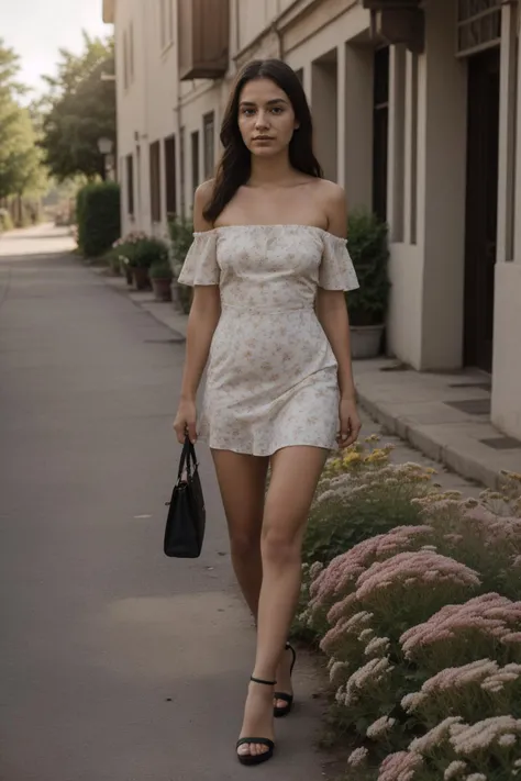 1girl, (full shot:1.1), (full body:1.2), hdr, 8k, masterpiece, best quality, dynamic pose, golden hour lighting, (playful smirk:0.6), <lora:Noerman_Indigenous_Mix:0.8> <lora:epiCRealismHelper:0.3>, (simple flower pattern:1.45) strapless short DustyRose summer dress with off shoulder straps, (small town street background:1.2), skin texture, skin blemishes, <lora:skin_slider_v10:0.3> <lora:backlight_last:0.85> <lora:sd1.5_perfect feet:0.6> wearing high heels, holding flower, detailed skin texture, (blush:0.5), (goosebumps:0.5), subsurface scattering, dry skin, fuzzy skin, natural light