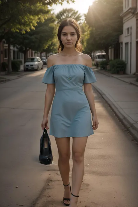 1girl, (full shot:1.1), (full body:1.2), hdr, 8k, masterpiece, best quality, dynamic pose, golden hour lighting, (playful smirk:0.6), <lora:Noerman_Indigenous_Mix:0.8> <lora:epiCRealismHelper:0.3>, (simple flower pattern:1.45) strapless short Teal summer dress with off shoulder straps, (small town street background:1.2), skin texture, skin blemishes, <lora:skin_slider_v10:0.3> <lora:backlight_last:0.85> <lora:sd1.5_perfect feet:0.6> wearing high heels, holding flower, detailed skin texture, (blush:0.5), (goosebumps:0.5), subsurface scattering, dry skin, fuzzy skin, natural light
