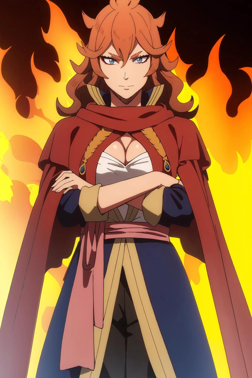 ((best quality)),((highly detailed)),masterpiece,absurdres,detailed face,beautiful face,(detailed eyes, deep eyes),(1girl),((dynamic pose)), <lora:Vermillion:0.7>,Vermillion, 1girl, solo, crossed arms, long hair, cape, breasts, fire, makeup, cleavage, blue eyes, standing, brown hair, looking at viewer, jewelry, hair between eyes, red hair, molten rock, medium breasts, dress, orange hair, closed mouth, sash, pants, red cape, red theme, eyeshadow, simple background, long sleeves, dark skin, cowboy shot