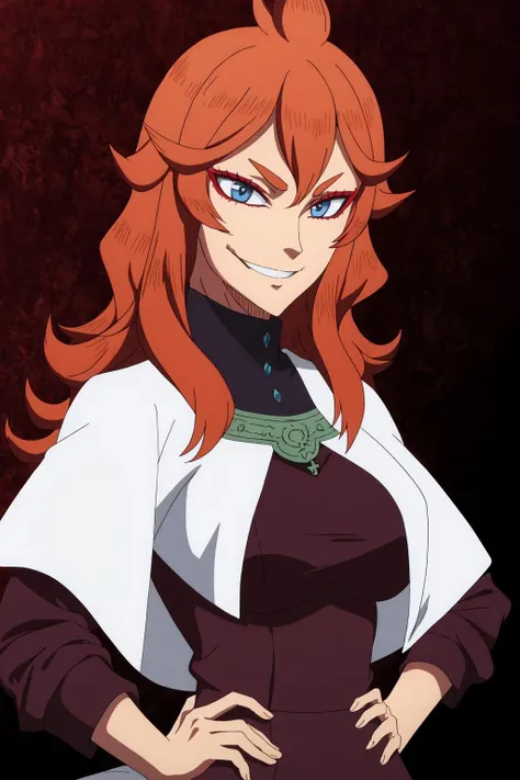 ((best quality)),((highly detailed)),masterpiece,absurdres,detailed face,beautiful face,(detailed eyes, deep eyes),(1girl),((dynamic pose)),<lora:Vermillion:0.7>,Vermillion, smile, 1girl, long hair, blue eyes, grin, orange hair, breasts, hand on hip, looking at viewer, solo, large breasts, braid, makeup, 2girls, multiple girls, turtleneck, evil smile, signature, solo focus, jewelry, eyeshadow, teeth, from side, brown hair, long sleeves, upper body, smirk, medium breasts, evil grin, red hair, shirt, simple background, bangs