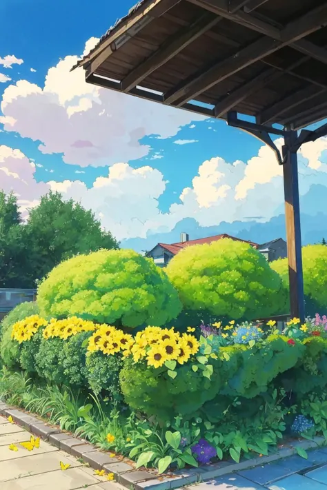 An oil painting of a old town lined with train tracks filled with (flowers ::1) and ( butterfly ::1), in the style of dimitra milan, high quality photo, alexandr averin, delicate colors, outdoor scenes, yellow and purple, rustic scenes --ar 1:1 <lora:The Garden of Words_20230619154444-000017:0.8> cloud pink, sky, vintage, light particles, no_humans, impressionist, BACKGROUND, CLOUDS, ATMOSPHERE, SCENERY, (no_human:1.9), hd, 8k,, (masterpiece,best quality:1.5)